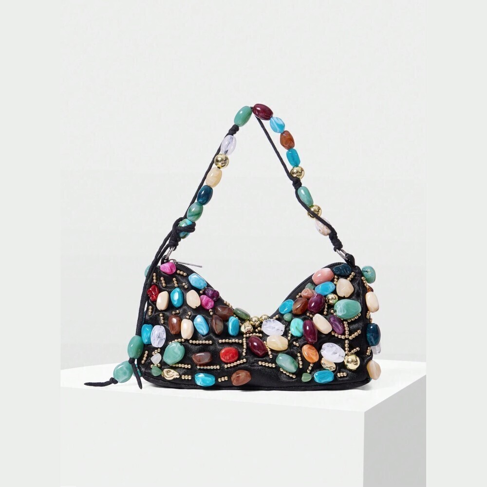 Black Beaded Stone Shoulder Bag with Multicolor Gem Embellishments